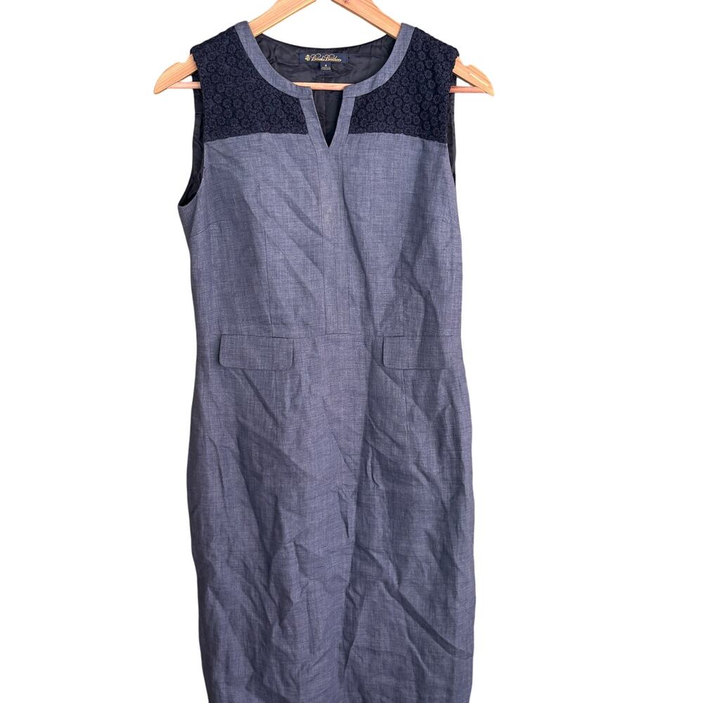 Brooks Brothers Linen Sheath Dress 4 Navy Blue Floral Emboridered Crochet Prep